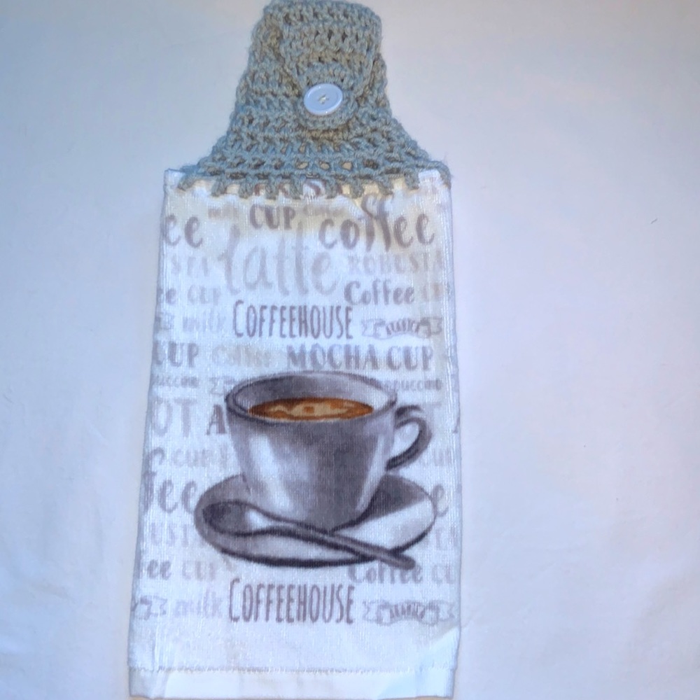Hand Crafted Crochet Top Coffee House Hanging Kitchen or Bathroom Hand Towel - Picture 4 of 7